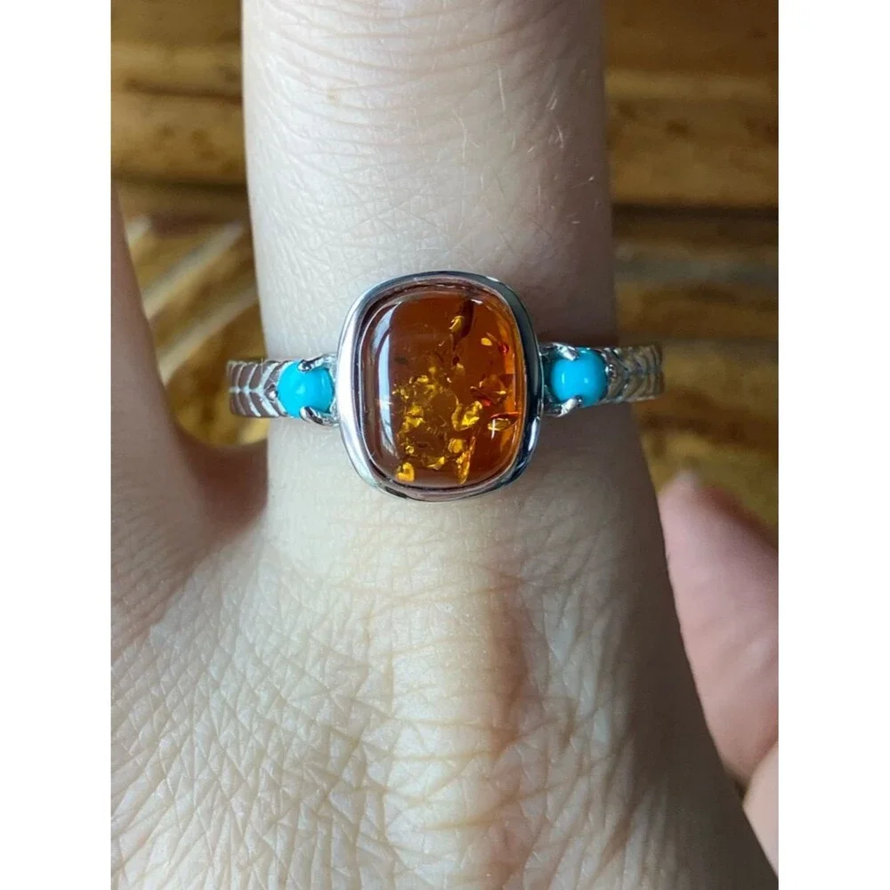 Baltic Amber Sleeping Beauty Turquoise Sterling Silver Ring Size 10